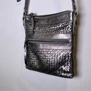 Elliott Lucca Silver Gunmetal Woven Leather Crossbody Bag.